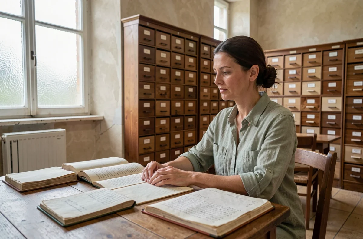 Femme chercheuse dans une salle d'archives bretonnes consultant des registres paroissiaux anciens pour retracer le patronyme Albrad