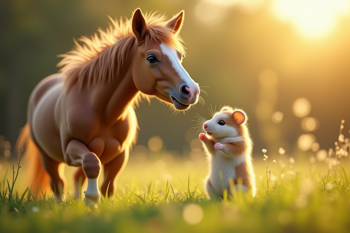 Cheval amical et hamster peluche dans un pré ensoleille