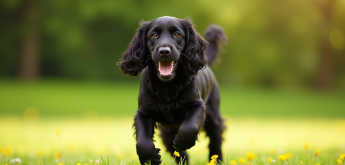 Cocker spaniel noir jouant dans un parc ensoleille