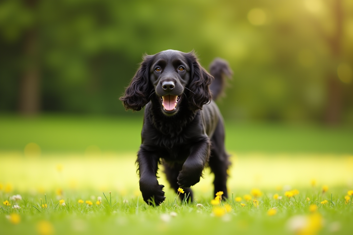 Cocker spaniel noir jouant dans un parc ensoleille