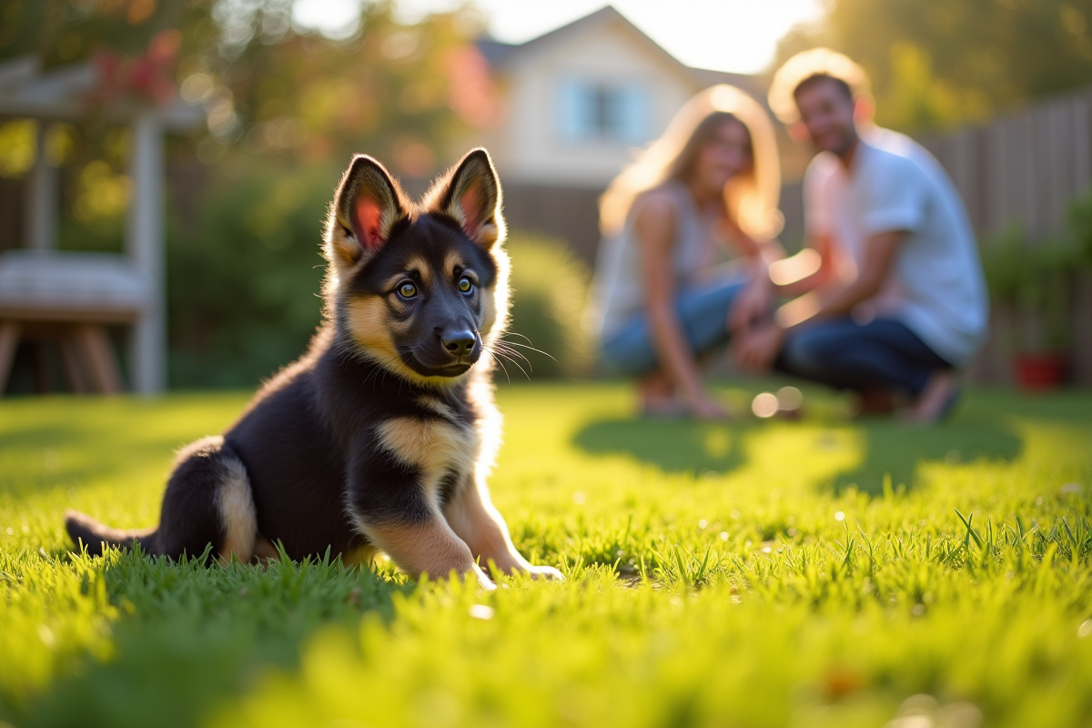 Jeune chiot berger allemand dans le jardin avec ses parents