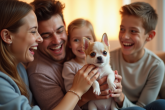 Chiot chihuahua heureux avec famille dans le salon