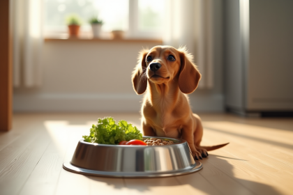 Chiot dachshund assis sur le sol de cuisine regardant la gamelle