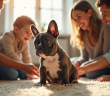 Chiot bulldog français en famille dans le salon lumineux