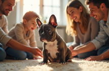 Chiot bulldog français en famille dans le salon lumineux