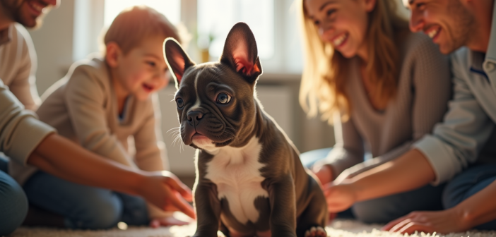Chiot bulldog français en famille dans le salon lumineux
