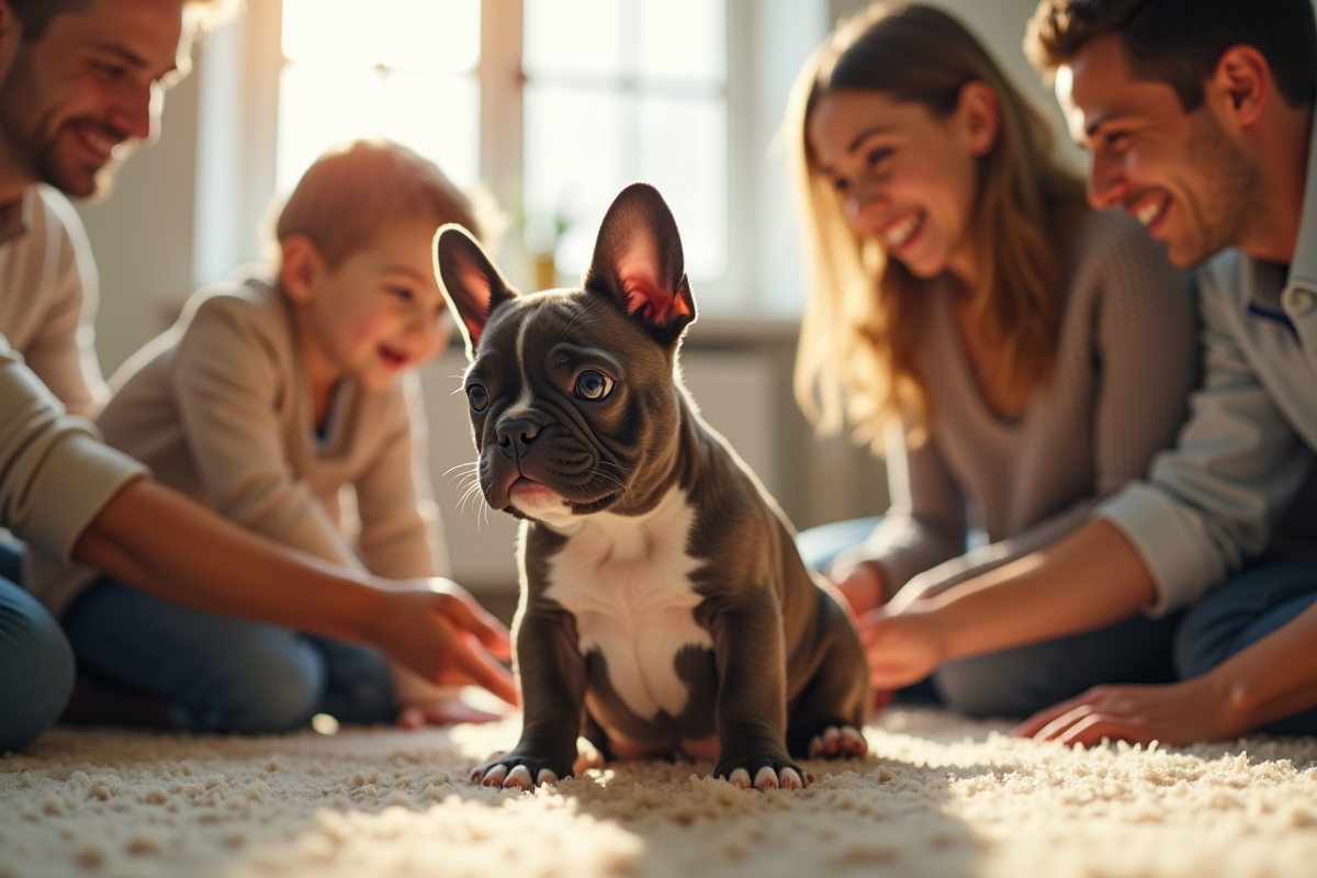 Chiot bulldog français en famille dans le salon lumineux