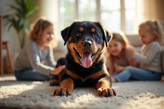Chiot rottweiler jouant dans le salon avec famille