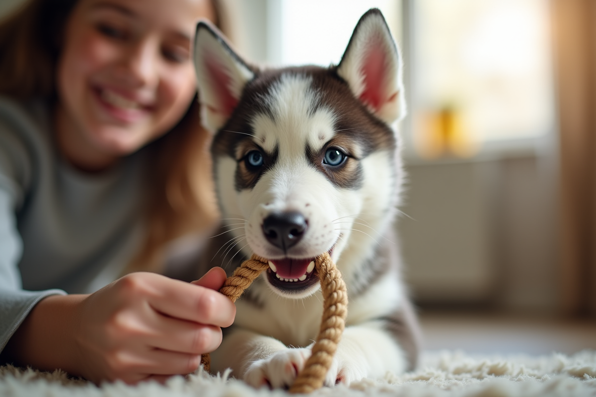 Jeune chiot husky tirant sur un jouet en intérieur avec famille