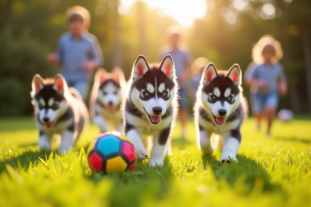 Chiots husky jouant dans le jardin ensoleille avec enfants