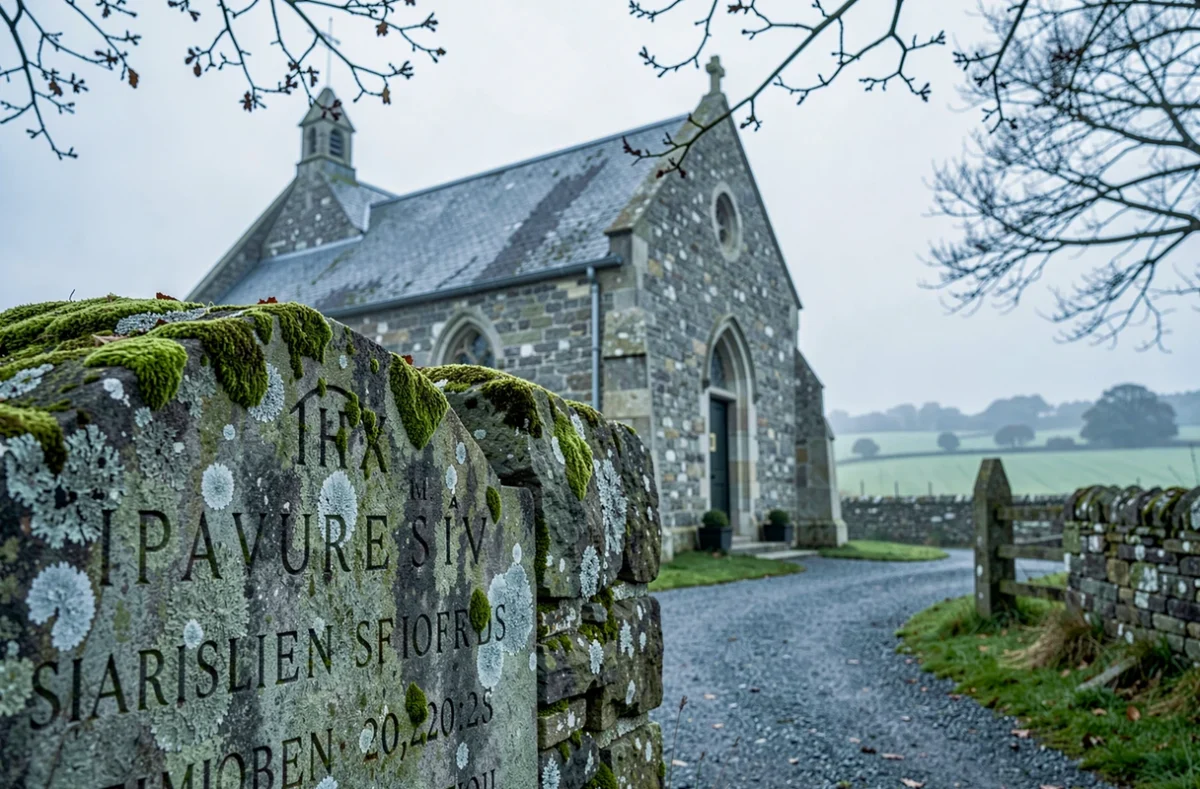 Vieux cimetière breton avec pierres tombales gravées de noms de famille rares près d'une chapelle en granit, patrimoine généalogique breton