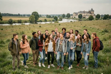 Groupe de jeunes en colonie de vacances explorant les paysages verdoyants du Centre-Val de Loire