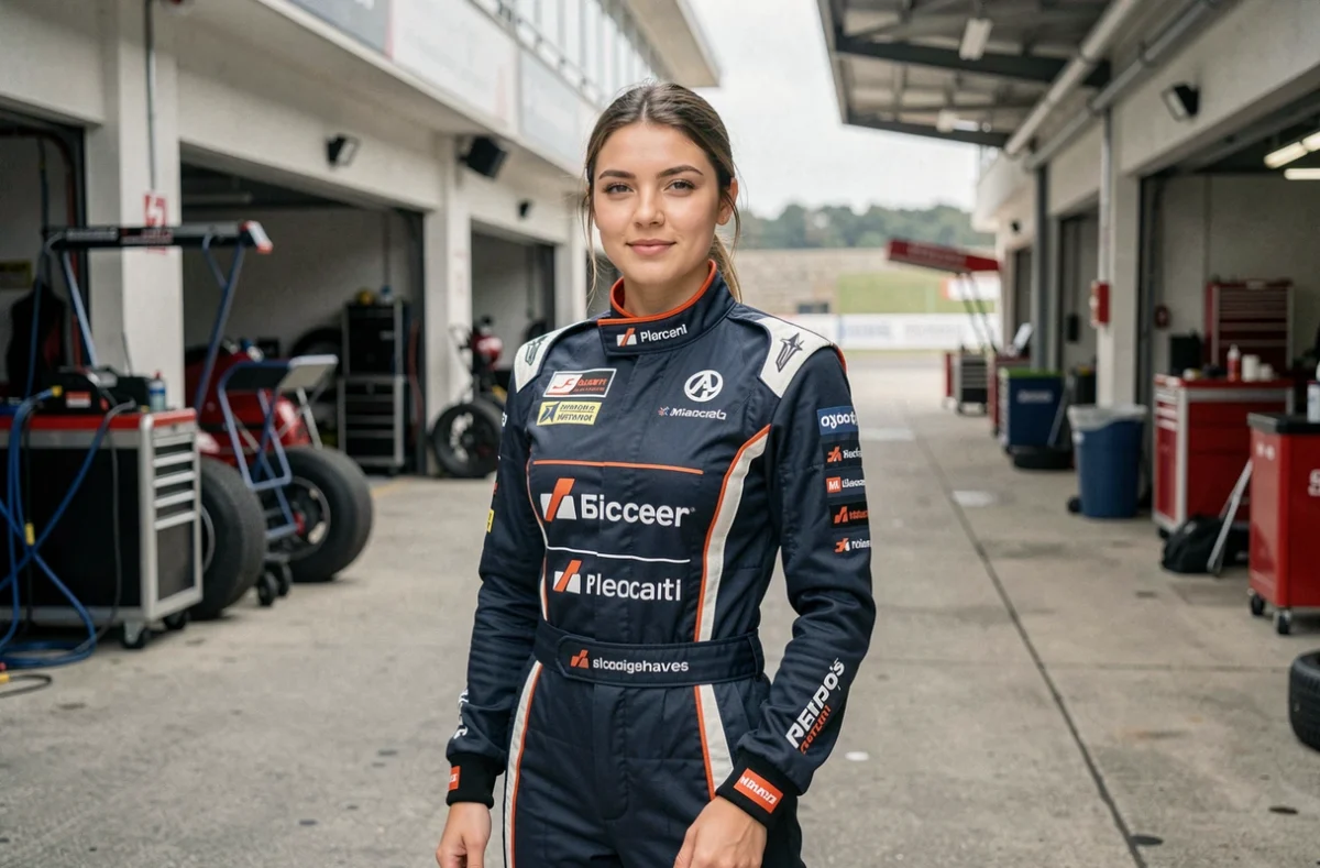 Jeune femme élégante dans le paddock d'un circuit de Formule 1, représentant la présence des compagnes de pilotes dans l'univers de la course automobile