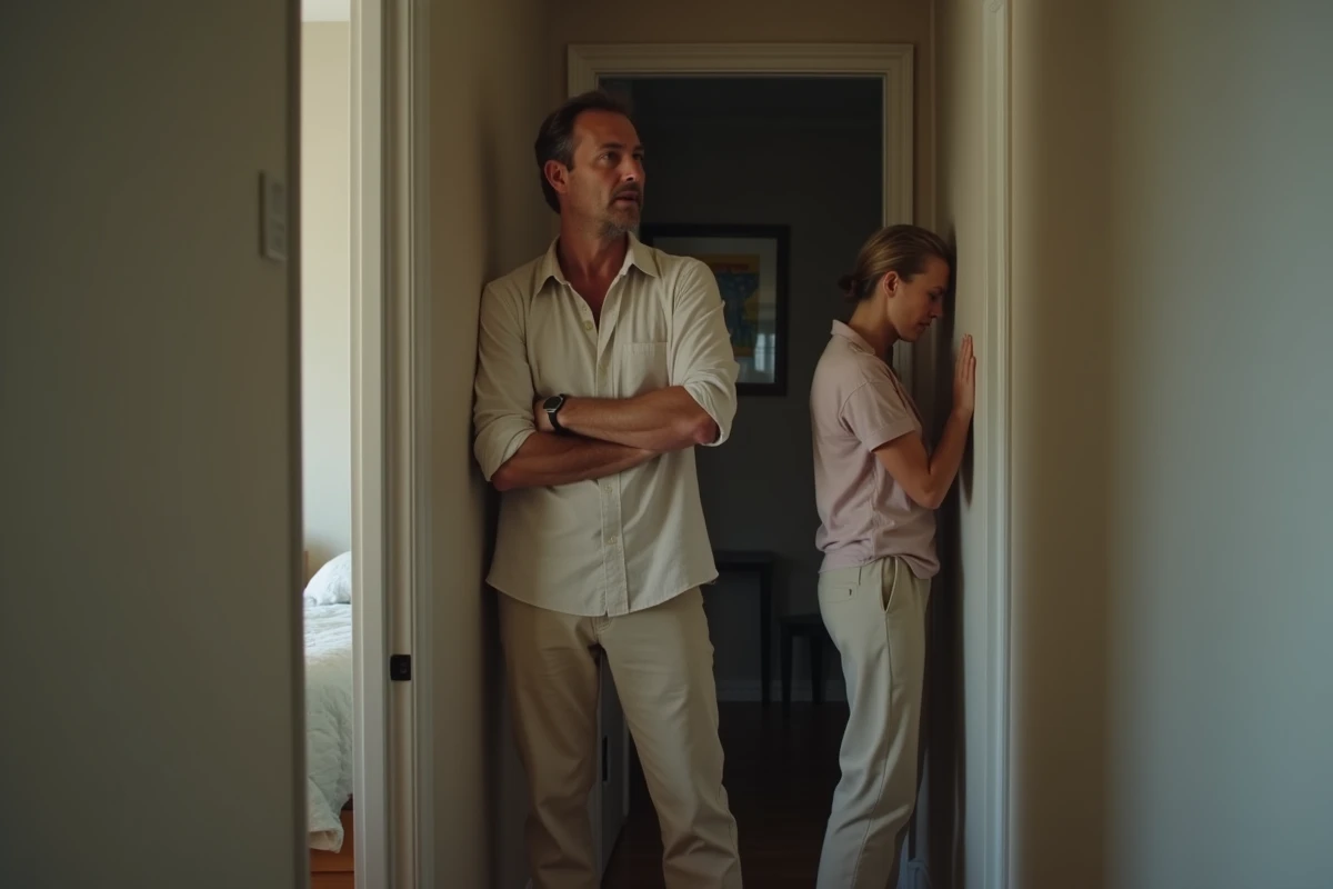 Mari et femme dans un couloir de leur maison, séparés par une distance physique et émotionnelle, illustrant la communication difficile dans le couple