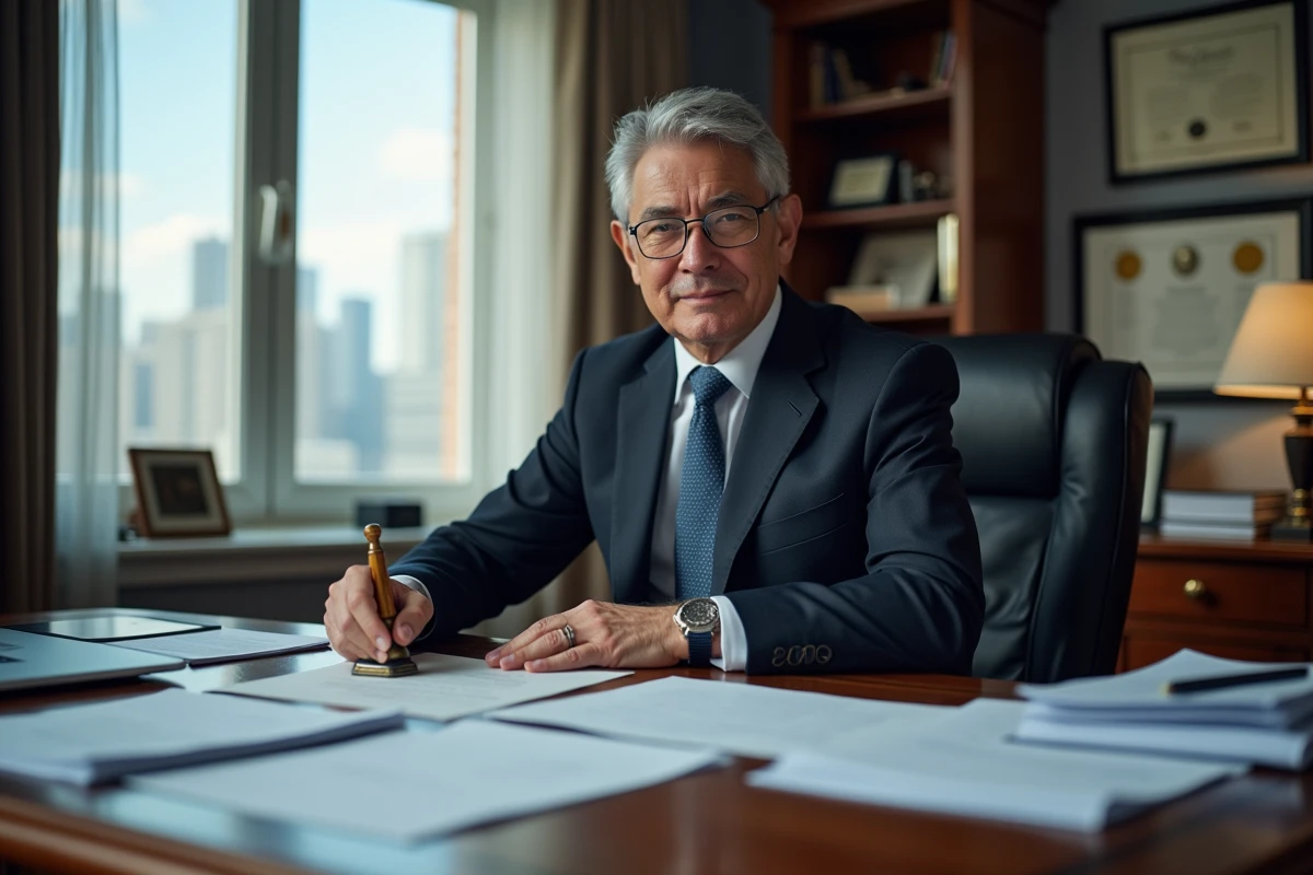 Conseiller juridique spécialisé en adoption internationale validant des documents officiels dans un bureau formel