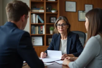 Consultante en adoption internationale discutant de dossiers officiels avec un couple dans un bureau professionnel