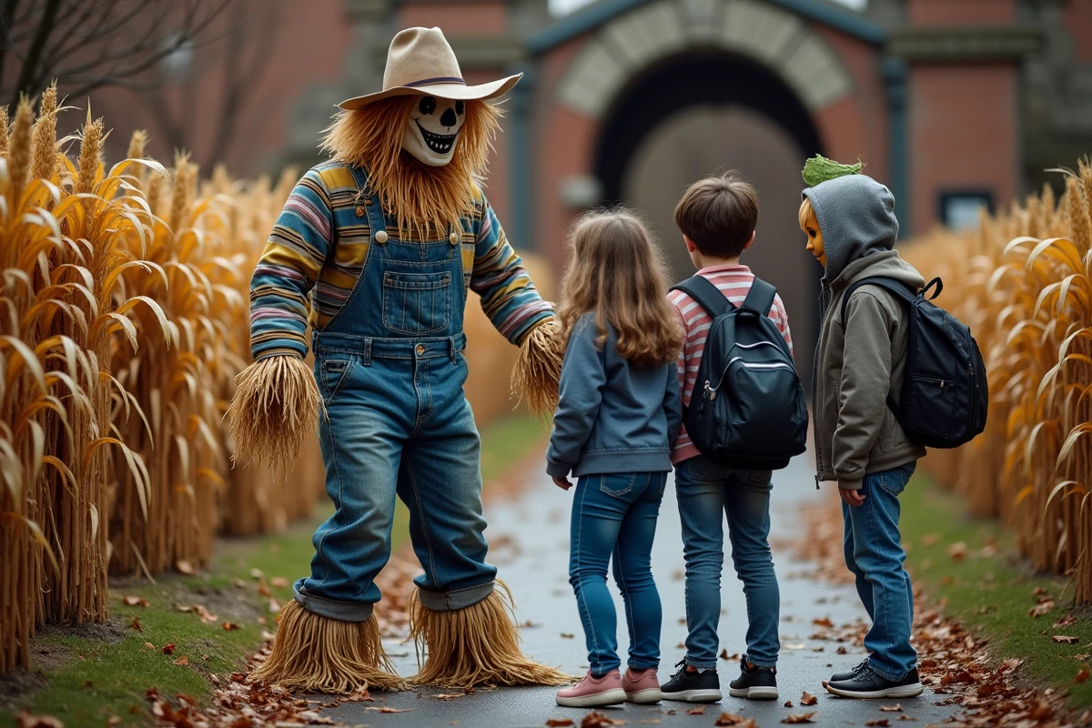 Personnage déguisé en épouvantail avec adolescents à Walibi RhôneAlpes