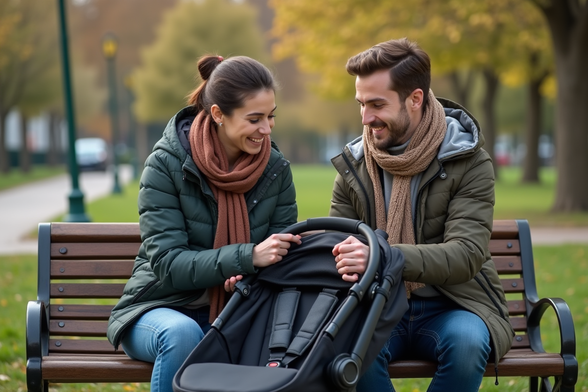 Couple assemble une poussette dans un parc en plein air
