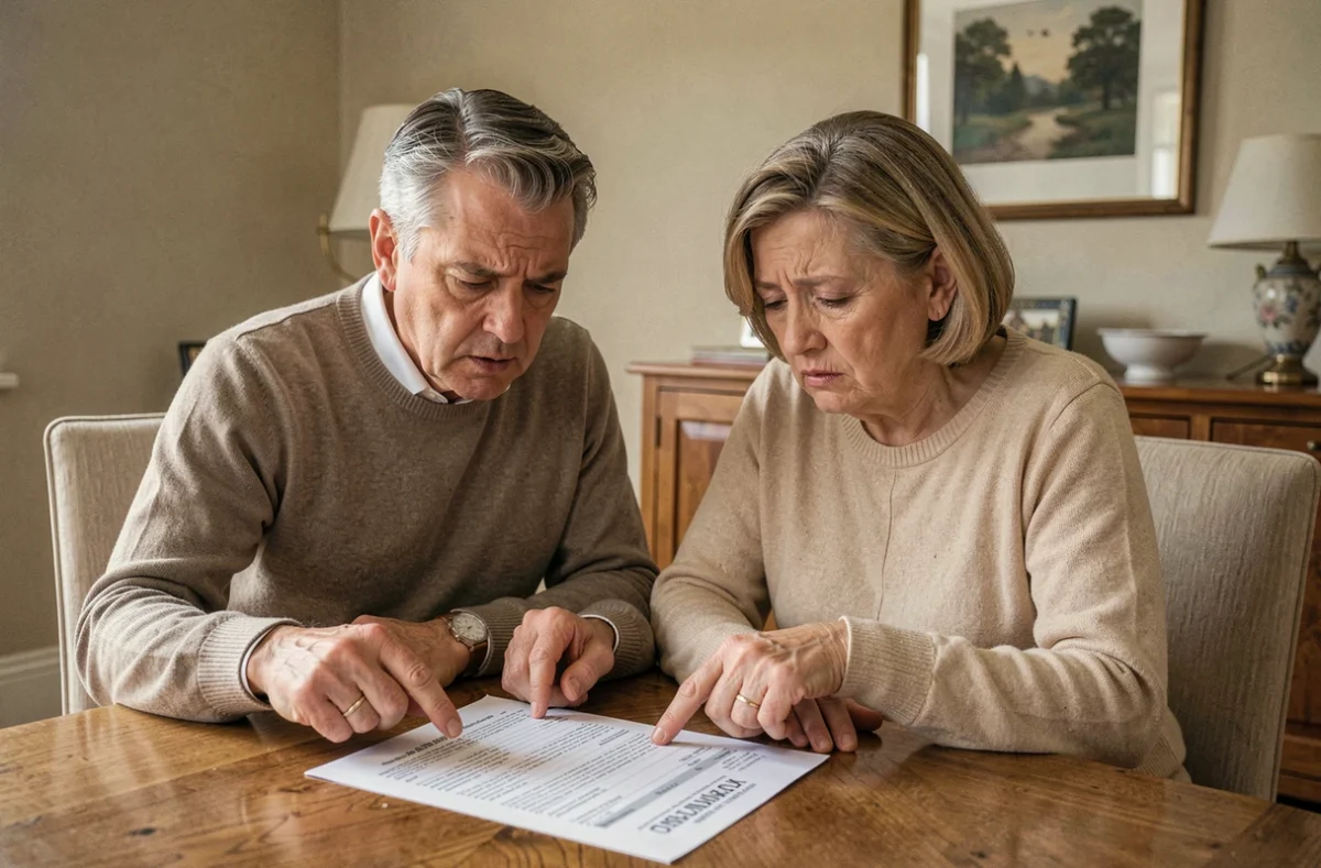 Couple de la cinquantaine examinant ensemble un avis d'imposition à la table du salon, illustrant les erreurs coûteuses liées aux changements de situation fiscale en couple