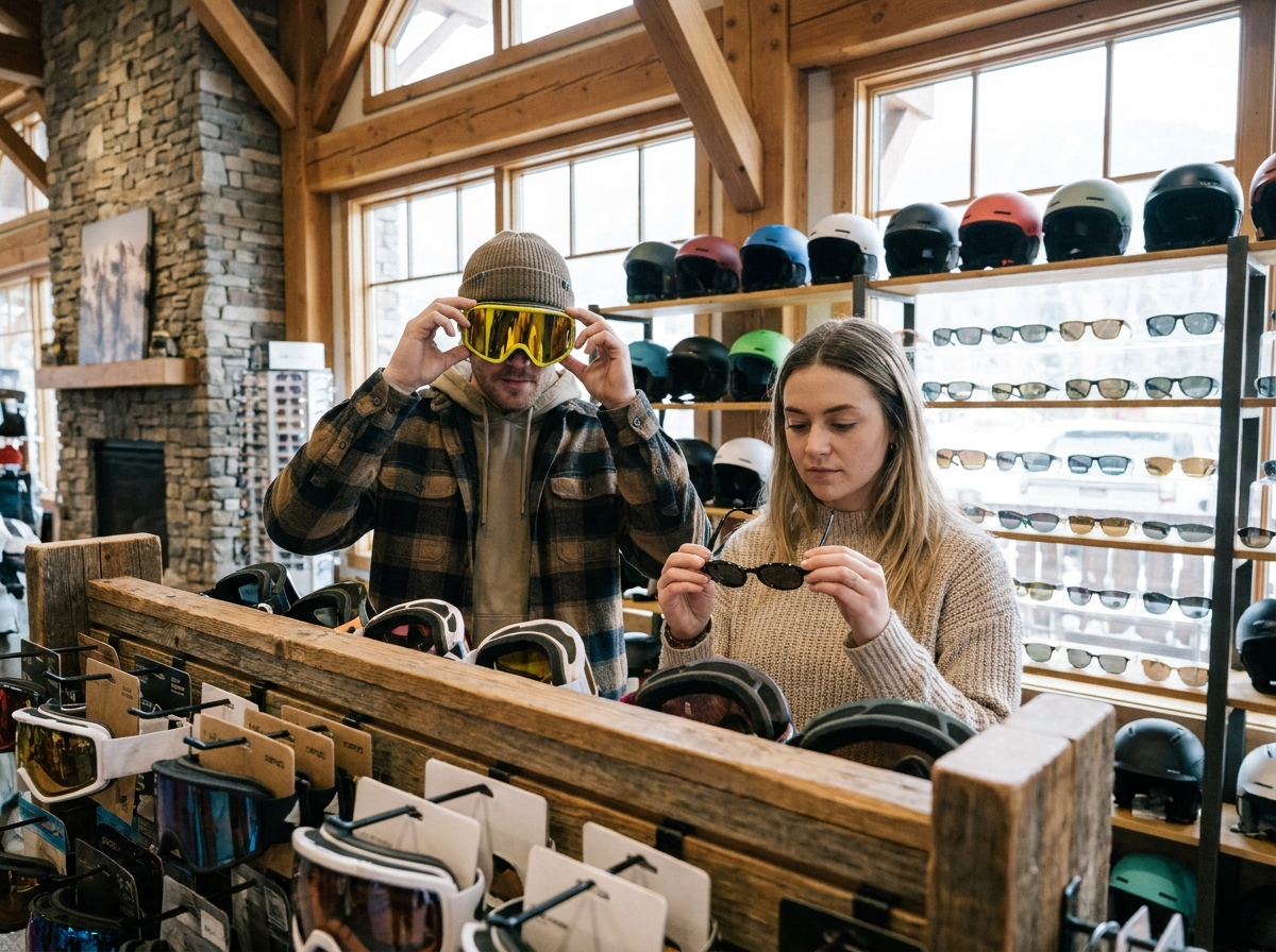 Couple choisissant des masques de ski et lunettes de soleil dans un magasin de sport de montagne