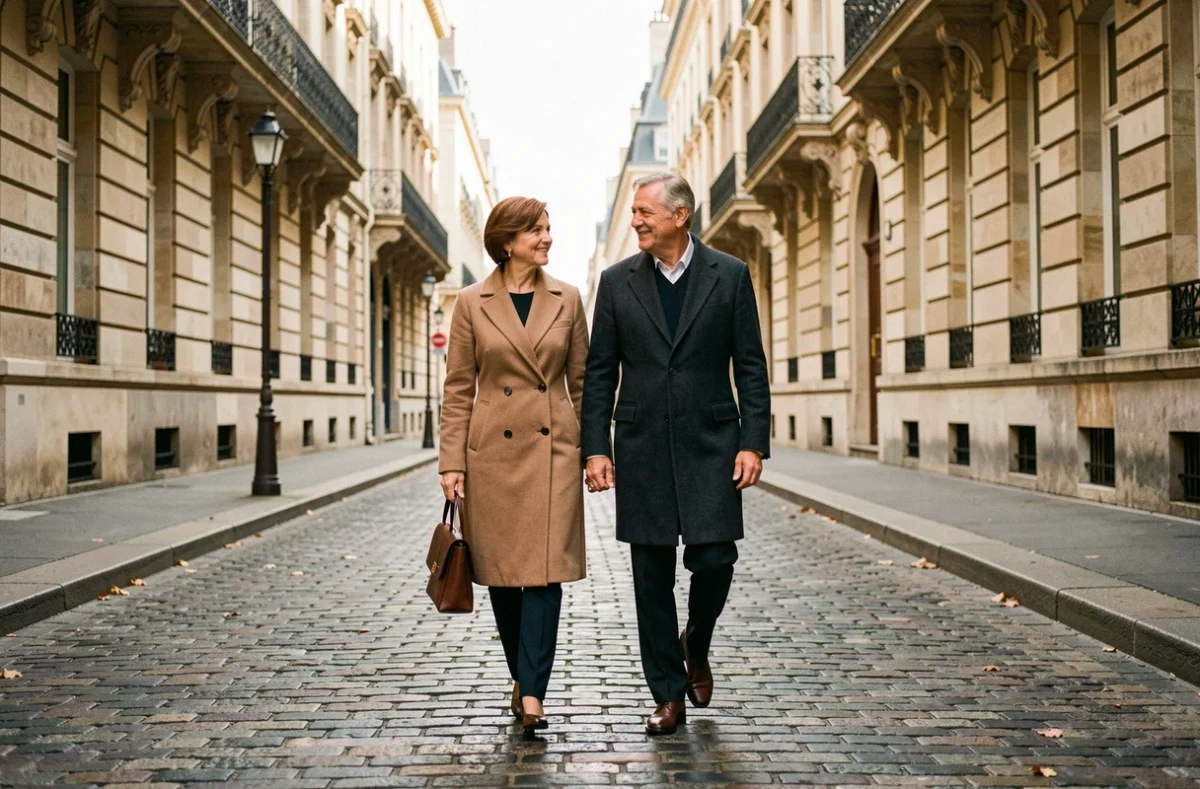 Couple élégant se promenant sur une rue parisienne en automne, évoquant la vie discrète et complice de Maryse Burgot et son mari Jonathan Halls