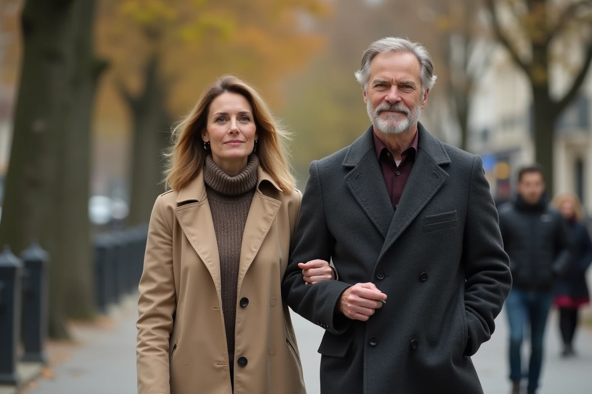 Couple discret se promenant sur un boulevard parisien préservant leur intimité loin des médias