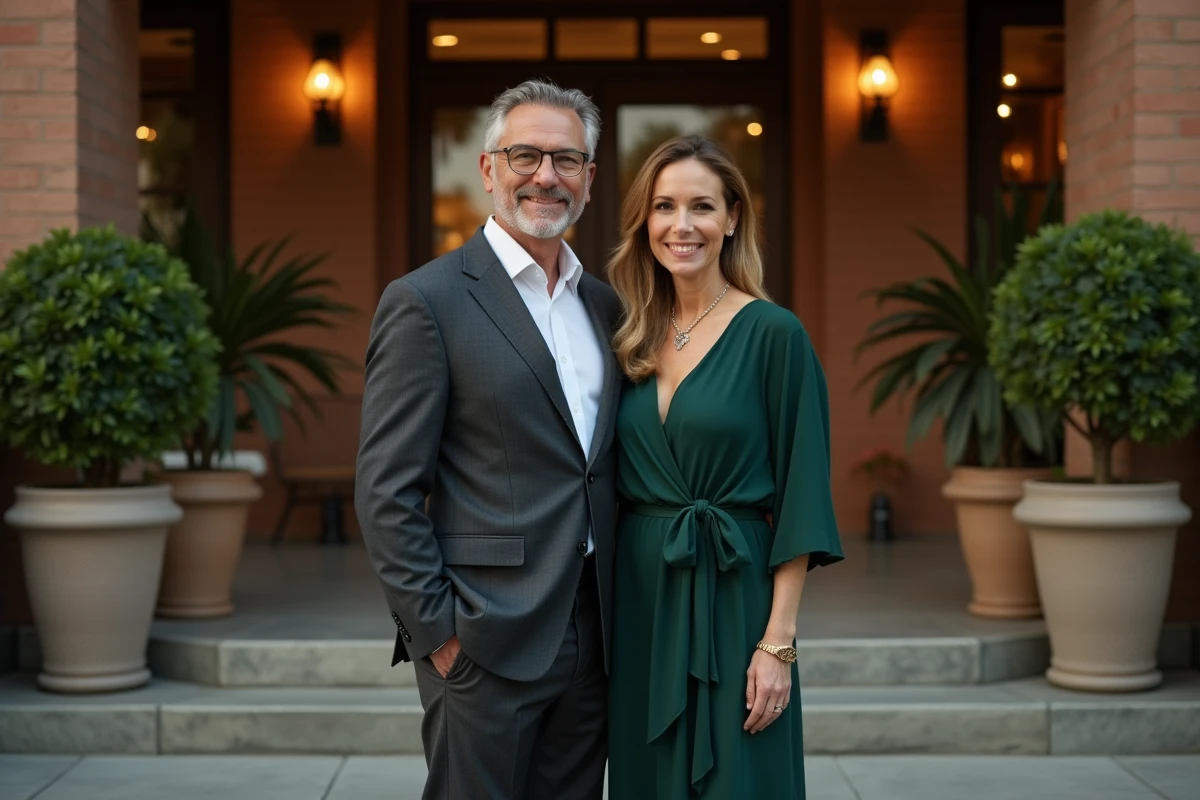 Couple discret et élégant devant un restaurant branché de Los Angeles, illustrant leur relation amoureuse durable loin des feux médiatiques