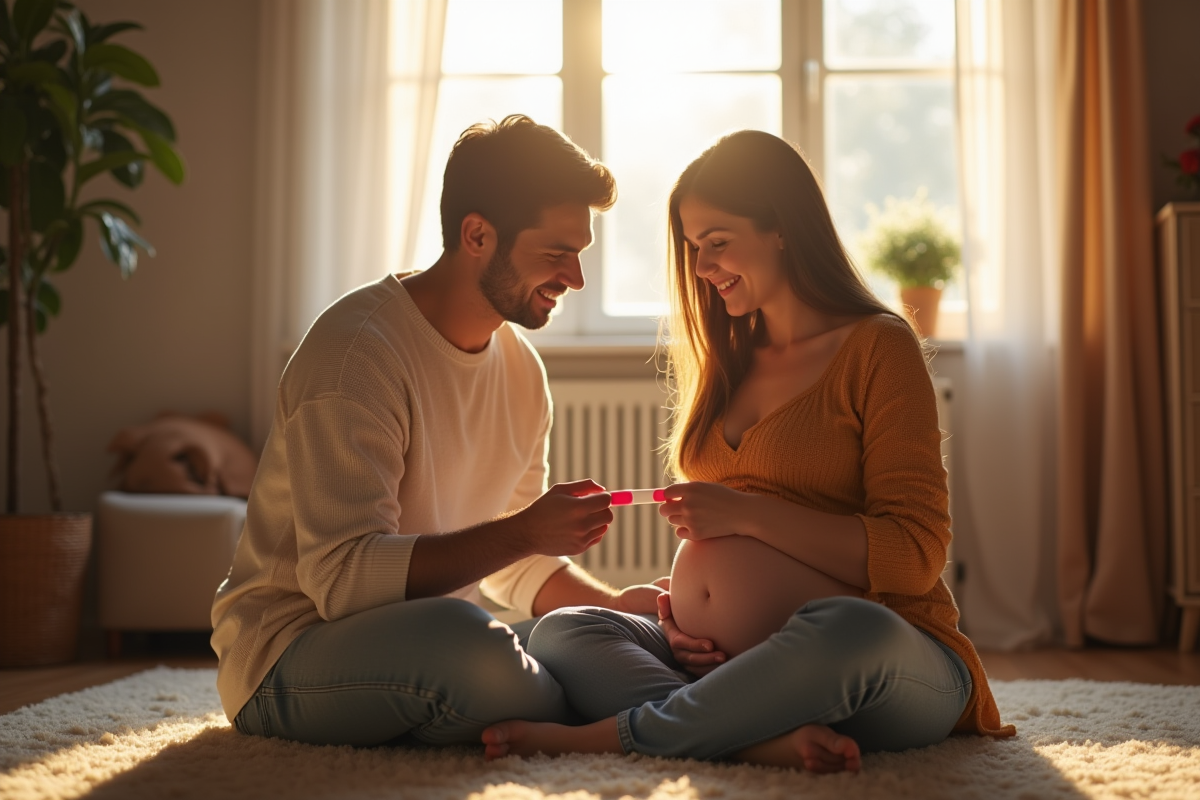 Jeune couple souriant avec test de grossesse positif dans un salon chaleureux