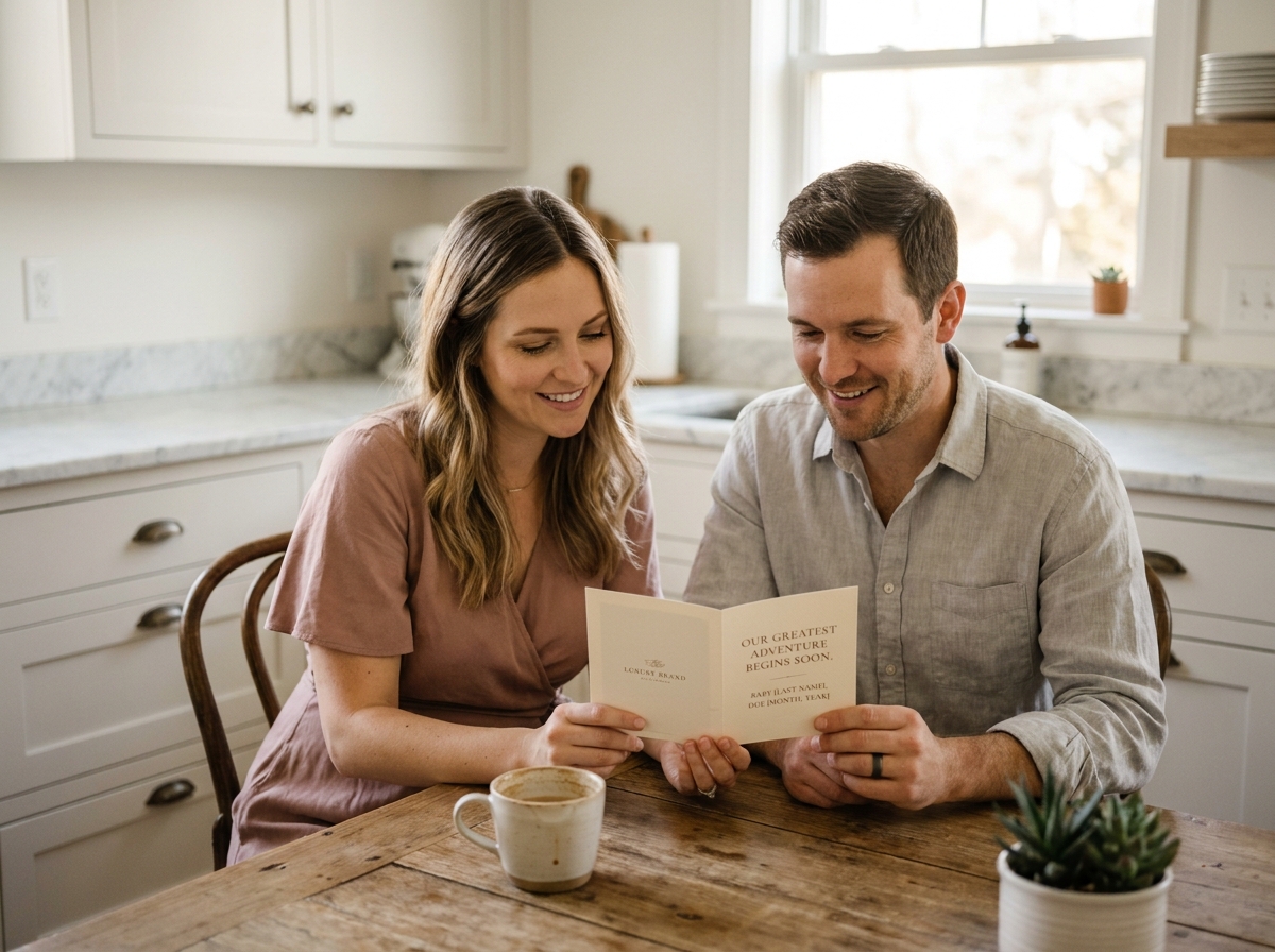 Couple découvrant leur faire-part de naissance Maison June attablés dans une cuisine moderne aux teintes neutres