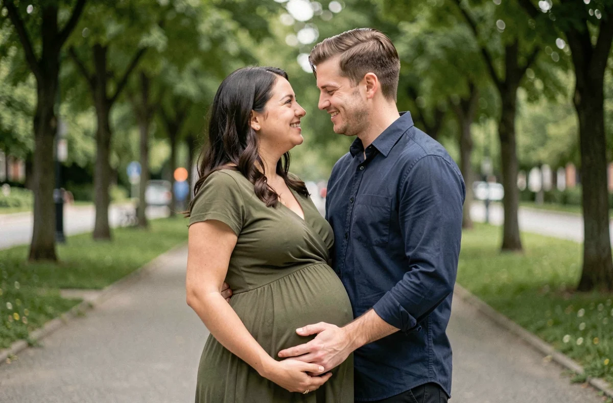 Couple attendant un bébé dans un parc urbain, homme tenant tendrement le ventre de sa compagne enceinte, complicité naturelle