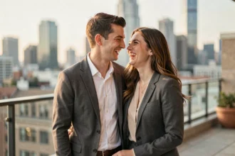 Couple élégant partageant un moment complice en terrasse urbaine, illustrant une relation amoureuse épanouie dans l'univers glamour de la Formule 1