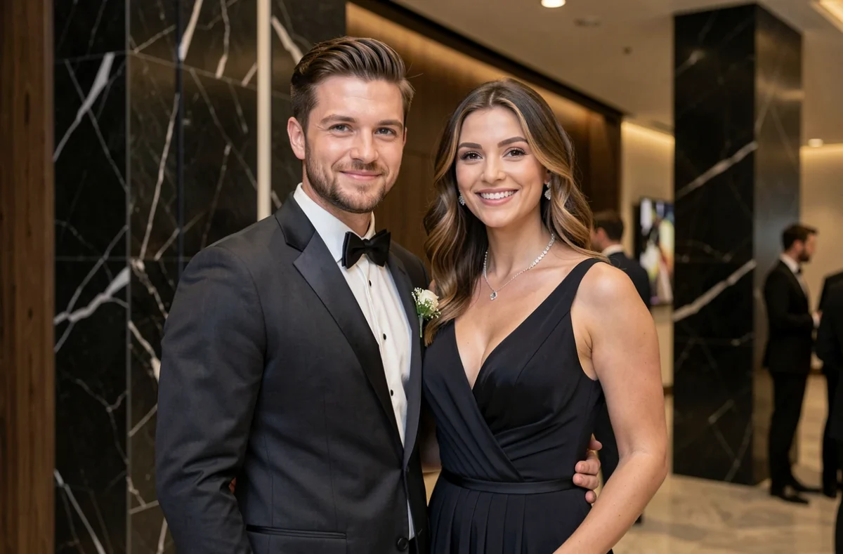 Couple glamour lors d'une soirée de gala sportif, évoquant la vie mondaine et les événements prestigieux liés à la saison de Formule 1