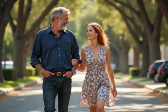 Couple hollywoodien discret se promenant dans une rue résidentielle de Los Angeles, partageant un moment de complicité naturelle et décontractée