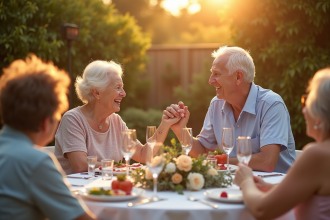 Couple agee heureux lors d'une fete dans un jardin