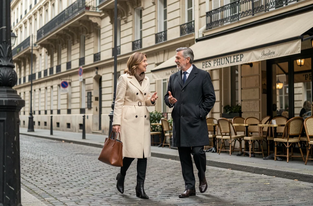 Un couple de professionnels des médias marchant dans une rue pavée de Paris, évoquant le rôle du conjoint dans la carrière éditoriale de sa femme journaliste