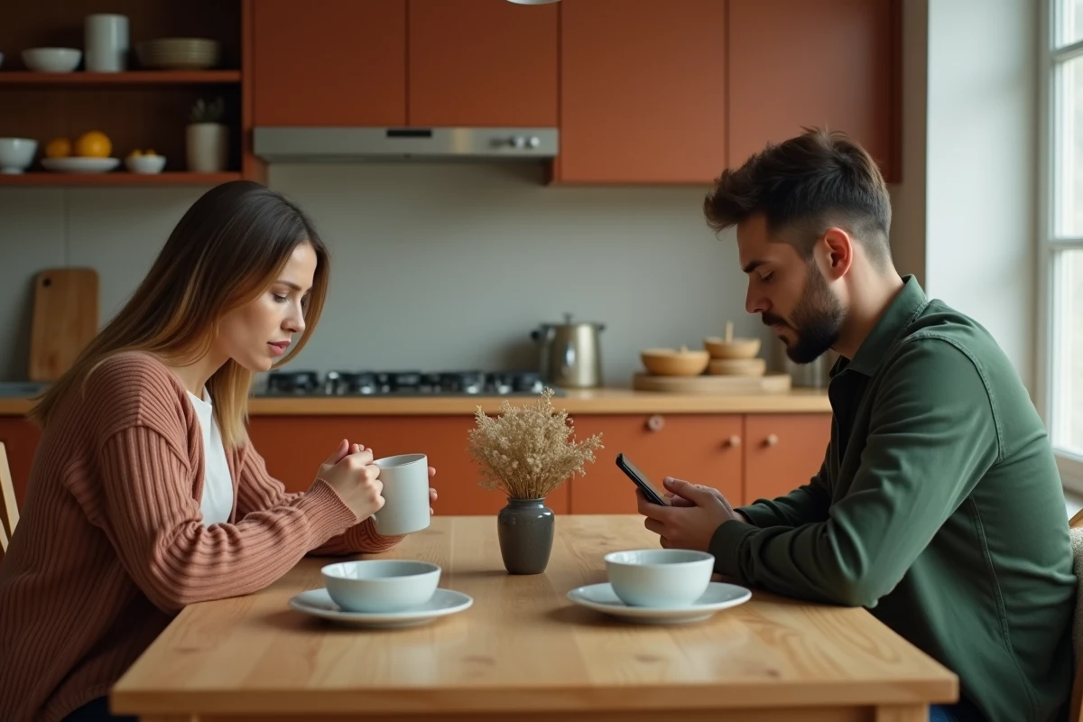 Couple assis à une table sans se regarder, dans un silence tendu après une dispute, illustrant la rupture de communication dans une relation