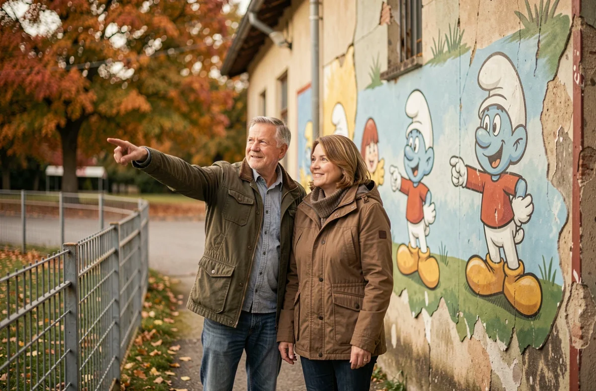 Couple devant les fresques murales du Parc des Schtroumpfs en Lorraine lors d'une visite nostalgique en automne
