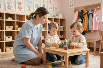 Éducatrice de crèche attentionnée accompagnant des tout-petits dans une activité d'éveil en Centre-Val de Loire