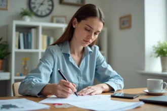 Femme remplissant une demande d'acte de naissance à domicile sur un bureau en bois avec des documents officiels