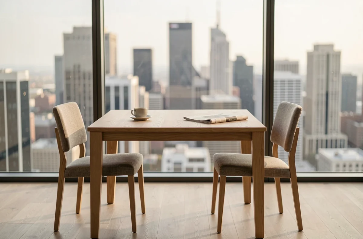 Deux chaises vides face à face autour d'une table en bois dans un appartement moderne, symbolisant une rupture ou une séparation de couple