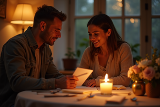 Couple dans un dîner romantique aux chandelles échangeant des lettres d'amour