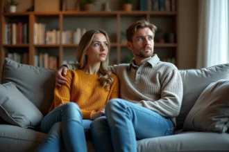 Couple sur un canapé, femme regardant ailleurs pendant que son mari pose la main sur son épaule, illustrant la distance émotionnelle dans un couple