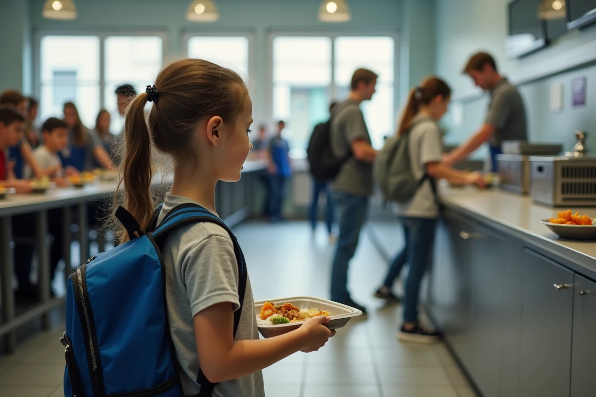 Jeune élève faisant la queue à la cantine scolaire avec un plateau-repas