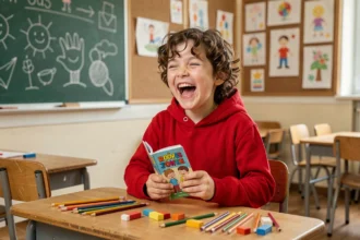 Enfant de 8 ans riant en lisant un livre de blagues dans une salle de classe colorée