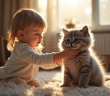 Jeune enfant caressant un chaton gris dans un salon lumineux