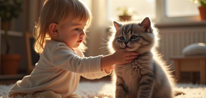Jeune enfant caressant un chaton gris dans un salon lumineux