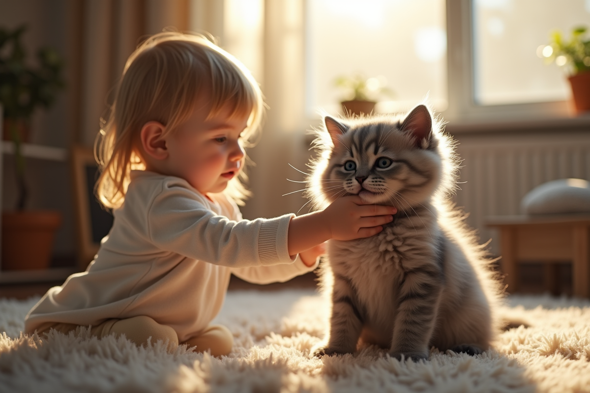 Jeune enfant caressant un chaton gris dans un salon lumineux