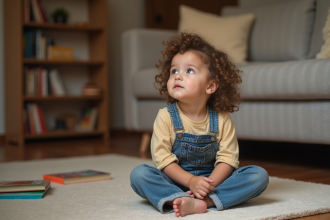 Fille de trois ans assise sur un tapis à la maison regardant un parent