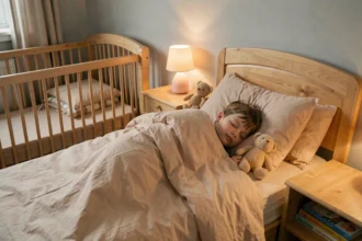 Enfant endormi dans un lit douillet avec une veilleuse pastel posée sur une table de nuit en bois, ambiance chambre bébé apaisante