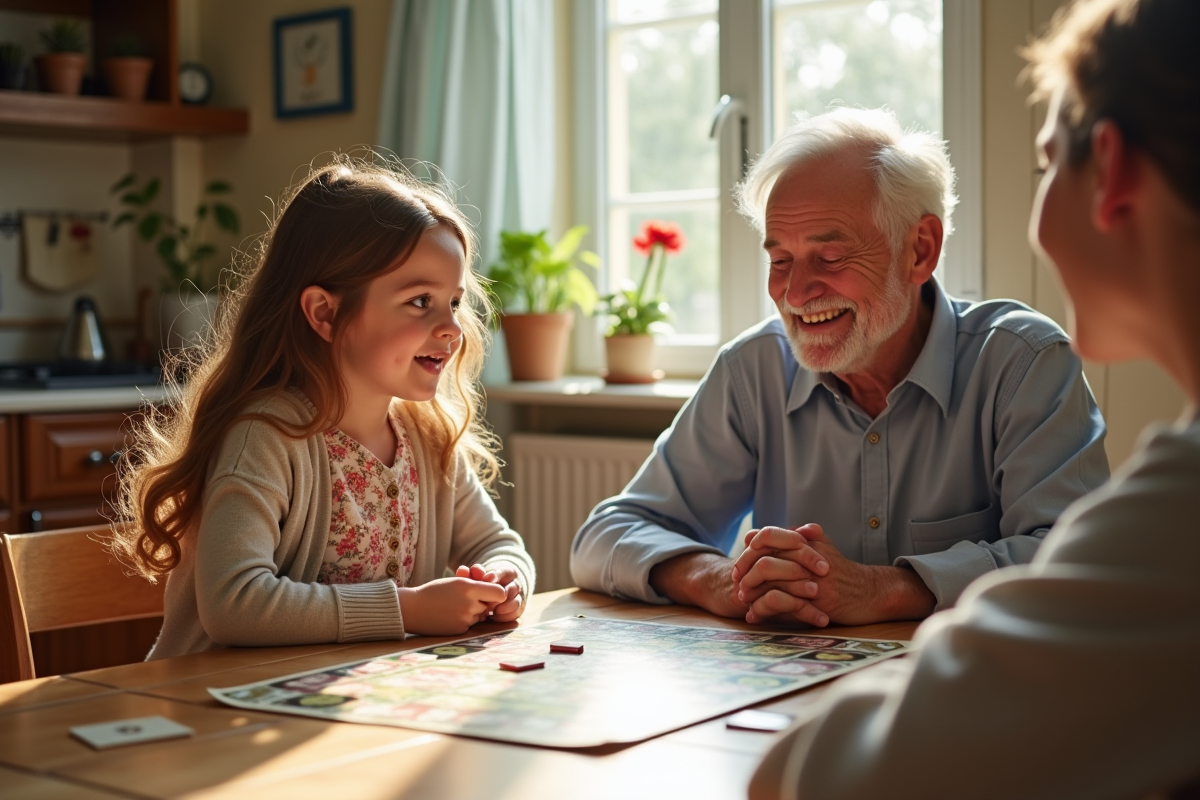 Fille expliquant le jeu Cendrillon à son grand-père à la cuisine